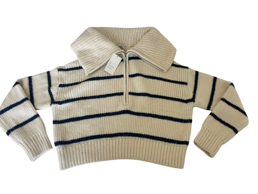 Chunky Knit Cropped Cream Striped Quarter-Zip Sweater Size XS